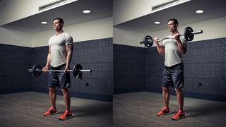 Man demonstrates two positions of the biceps curl using the EZ-bar