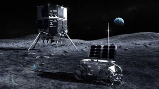 a cubic lunar lander on four legs sits on the dusty surface of the moon next to a small four-wheeled rover