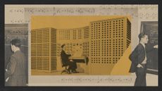 Photo collage illustration of mathematicians writing equations at a blackboard and an engineer sitting at a computer