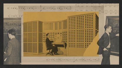 Photo collage illustration of mathematicians writing equations at a blackboard and an engineer sitting at a computer