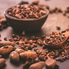 cocoa beans and crushed cocoa on spatula and in bowl