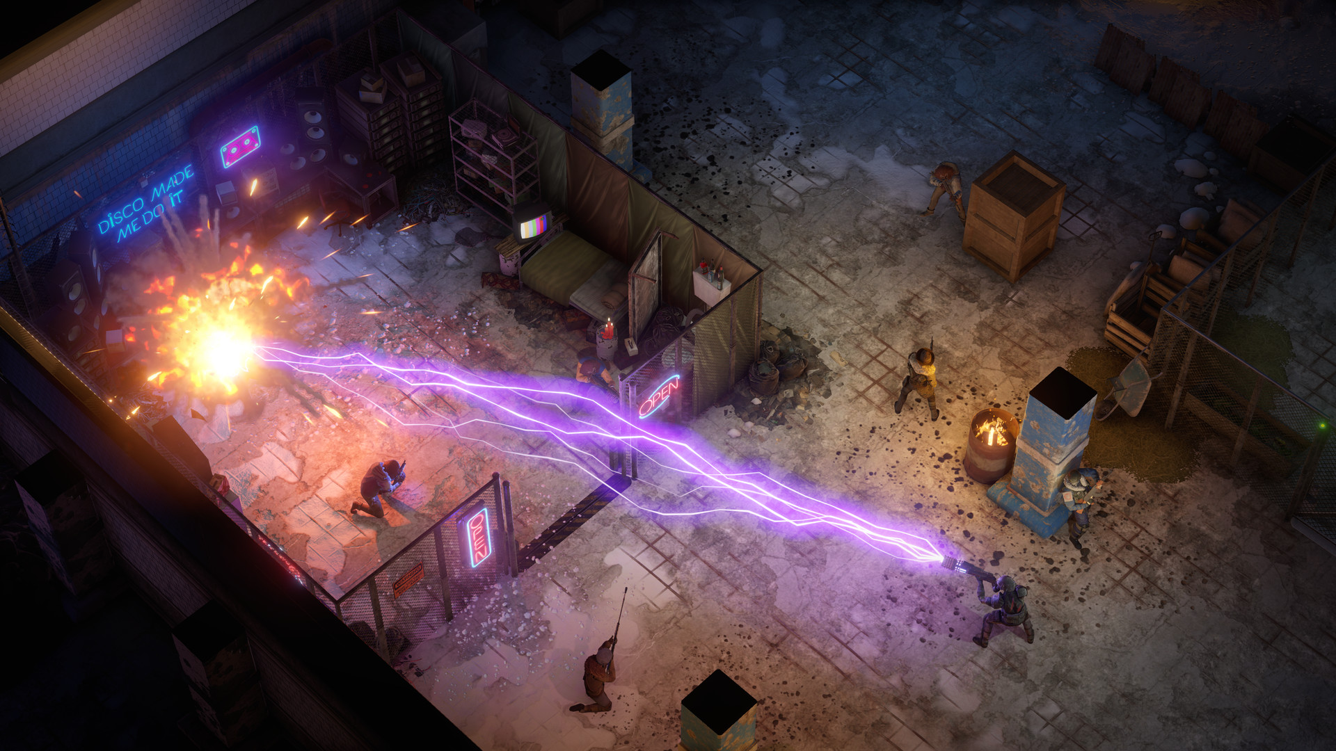 In Wasteland 3, a ranger fires an electric bolt that bursts an enemy into flames