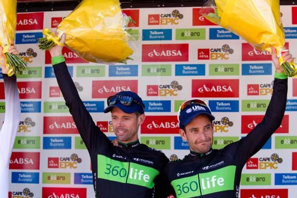 Kevin Evans and David George of Team 360Life celebrate their stage win of stage 6