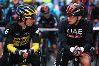 UNSPECIFIED SPAIN APRIL 06 Start Primoz Roglic of Slovenia and Team Jumbo Visma Yellow Leader Jersey Tadej Pogacar of Slovenia and UAE Team Emirates Polka Dot Mountain Jersey during the 60th ItzuliaVuelta Ciclista Pais Vasco 2021 Stage 2 a 1548km stage from Zalla to Sestao 48m Mask Covid Safety Measures itzulia ehitzulia on April 06 2021 in Sestao Spain Photo by David RamosGetty Images