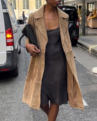 @ sylviemus_ wearing a suede coat with a slip dress