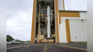 An Ariane 5 rocket carrying the James Webb Space Telescope rolled out to the launch pad at Kourou, French Guiana, on Dec. 23, 2021.