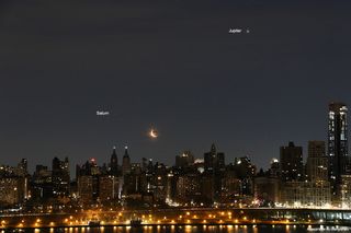 Krivenyshev also took this photo of the moon, Saturn and Jupiter over New York on Feb. 20, 2020.