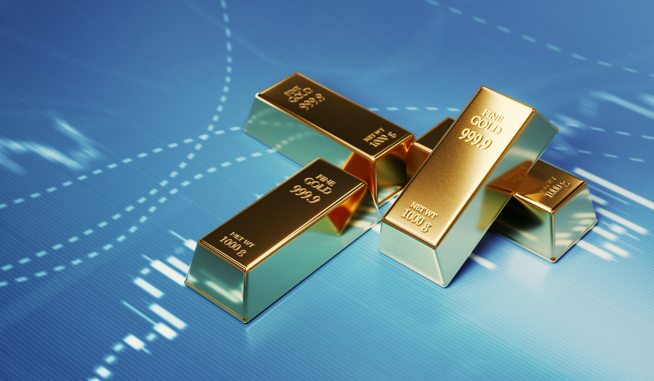Gold bars sitting in front of investing chart