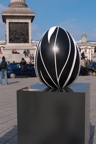 Sensuality and Restraint egg designed by Penny Fowler, next to Trafalgar Square, for the Faberge Big Egg Hunt; a competition and fundraising event. March 11, 2012 in London.