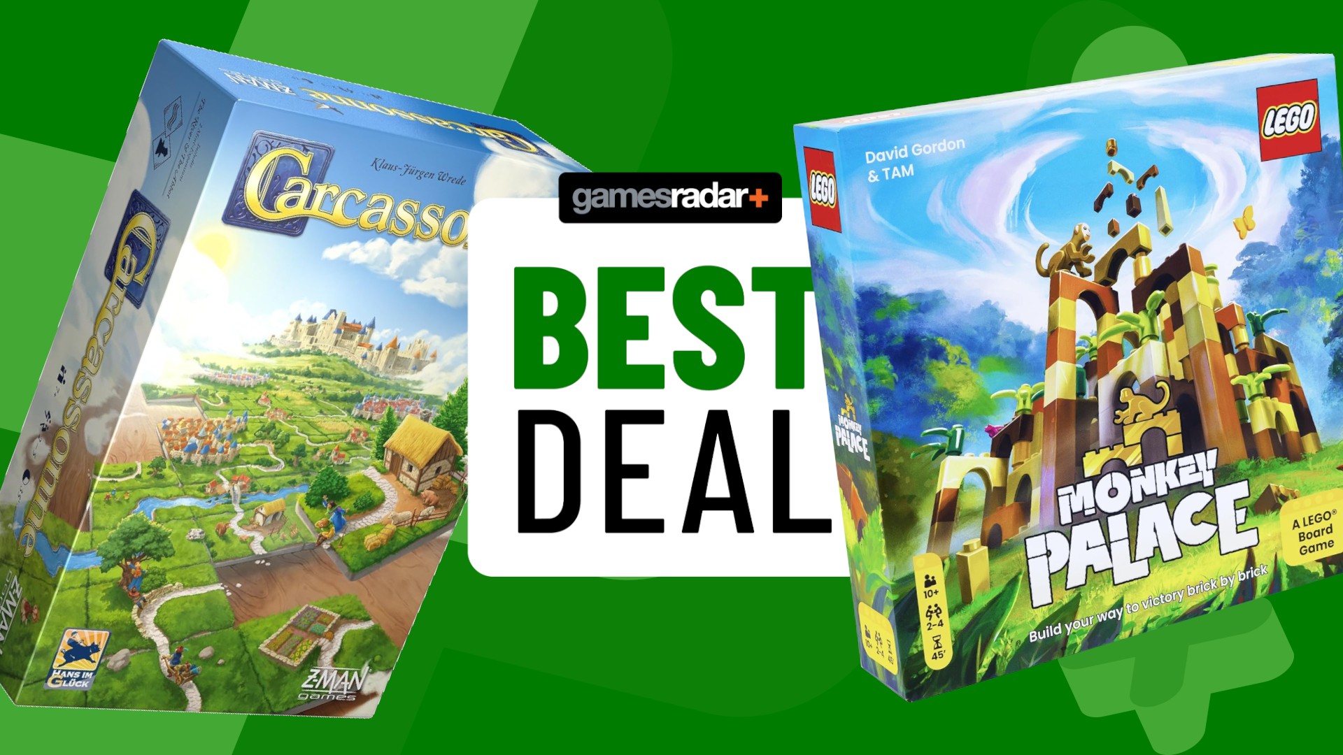 Carcassonne and Monkey Palace board game boxes on either side of a GamesRadar+ best deal badge, all against a green background
