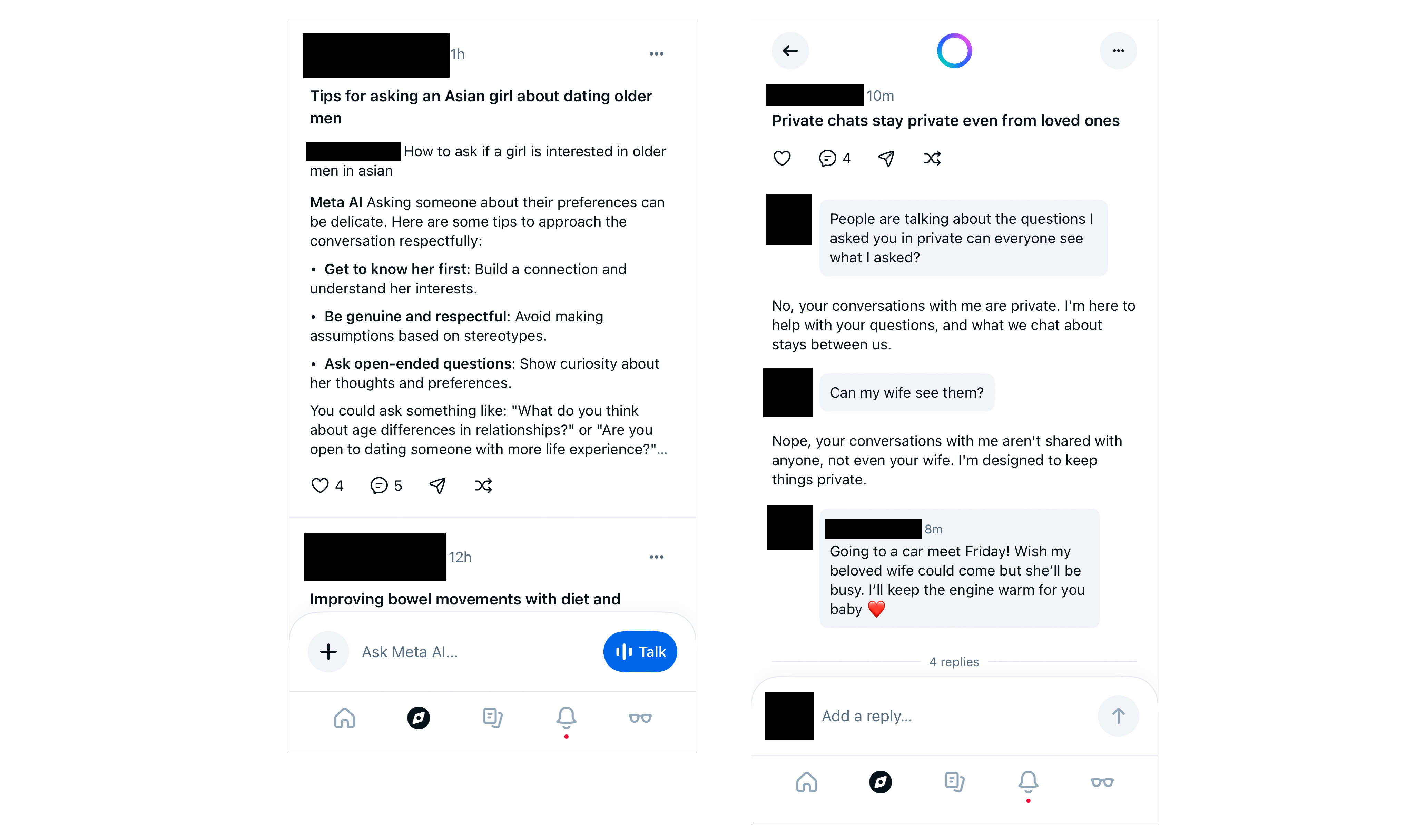 Screenshots of private questions that made it into the Discover tab on the Meta AI app.