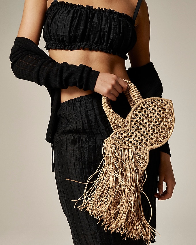 Handknotted Raffia Fish Bag With Straw Fringe