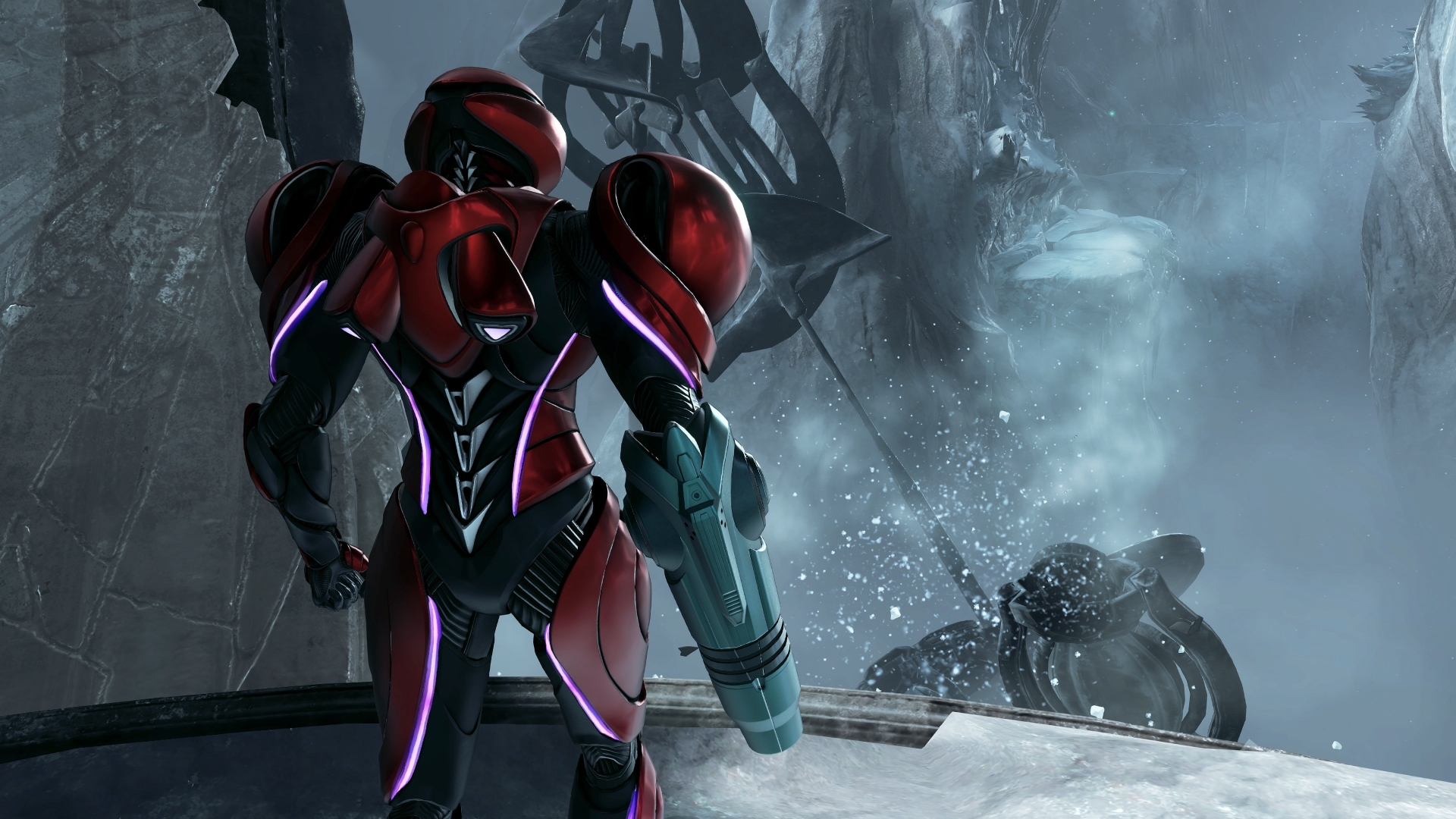 Samus gazes out into the fog in the Ice Belt area of Metroid Prime 4 Beyond
