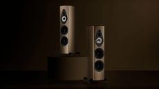 Sonos Faber Amati Supreme speakers in "Sabbia Oro" finish on a very dark background