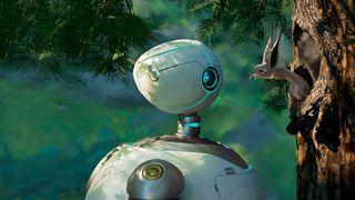 Roz the robot gazes at a woodland animal in its hole in a tree 