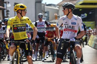 Jonas Vingegaard and Tadej Pogacar at the start of stage 7 of the 2023 Tour de France