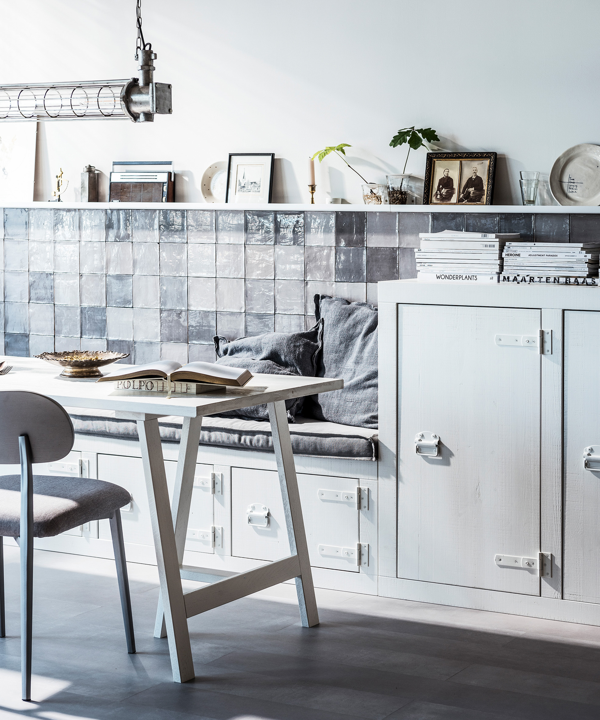 Bunk White Pine Storage Bench in a kitchen dining area with tiles and cupboardsby Woood