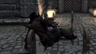 dragonborn vaulting over a bench