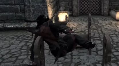 dragonborn vaulting over a bench
