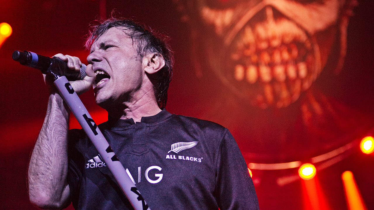 Bruce Dickinson, Iron Maiden, onstage in Christchurch, New Zealand