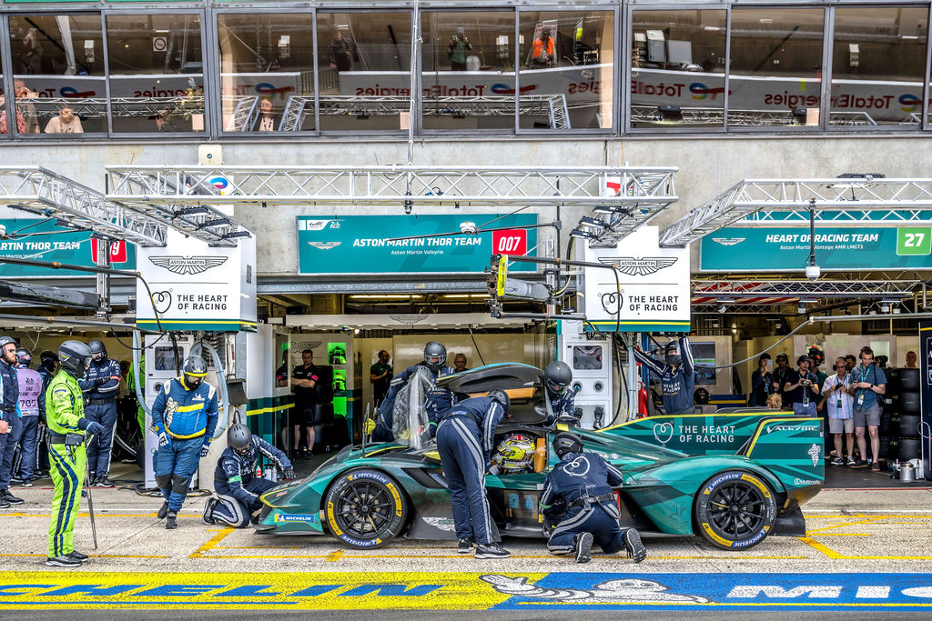 Aston Martin car in the pits at Le Mans 2024