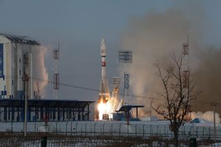 A Russian Soyuz rocket launches the Meteor-M No. 2-1 weather satellite from the Vostochny Cosmodrome in eastern Russia on Nov. 28, 2017. The satellite, along with 18 others, was lost due to a programming error, Russian space officials said.