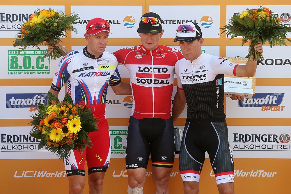 Greipel (Lotto Soudal) in first, Kristoff (Katusha) second, and Nizzolo (Trek) in third
