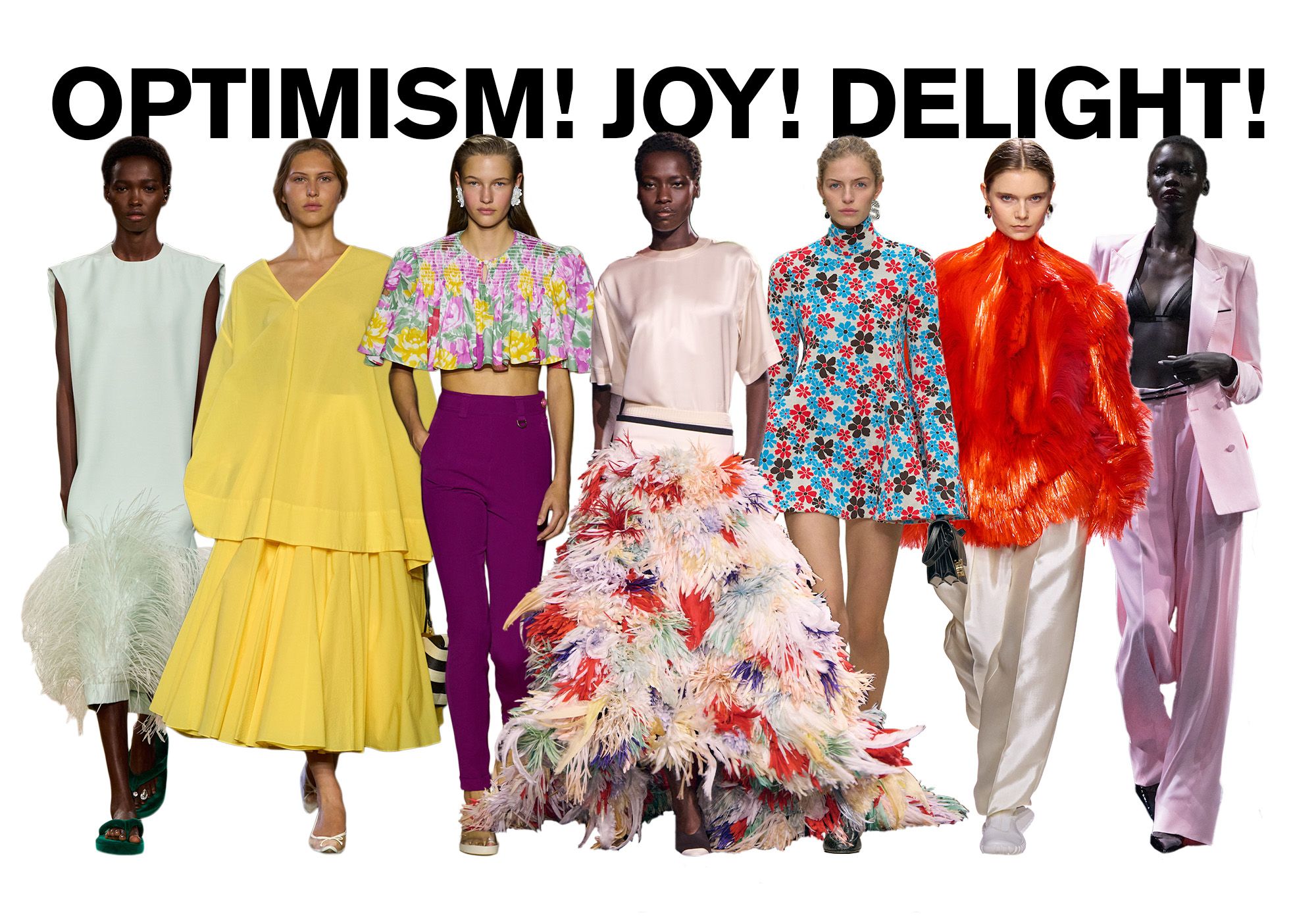 A photo of 7 models from the S/S 26 runway shows wearing optimistic fashion against a white background. On top, the title is, "OPTIMISM! JOY! DELIGHT!" in black capital letters.