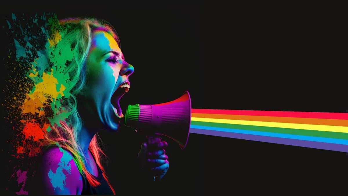 A woman singing into a megaphone with the colours of the spectrum emerging from its horn