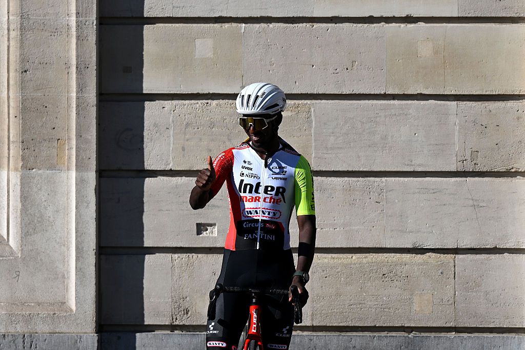 LILLE, FRANCE - JULY 03: Biniam Girmay of Eritrea and Team Intermarche - Wanty during the team presentation prior to the 112th Tour de France 2025 / #UCIWT / on July 03, 2025 in Lille, France. (Photo by Dario Belingheri/Getty Images)