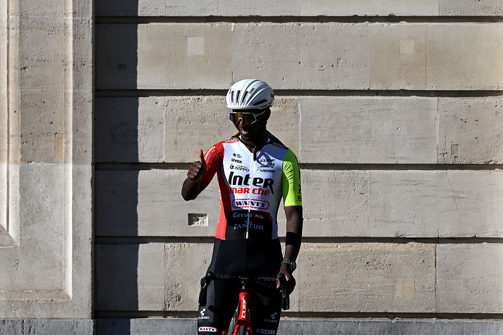 LILLE, FRANCE - JULY 03: Biniam Girmay of Eritrea and Team Intermarche - Wanty during the team presentation prior to the 112th Tour de France 2025 / #UCIWT / on July 03, 2025 in Lille, France. (Photo by Dario Belingheri/Getty Images)