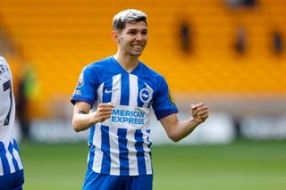 Julio Enciso of Brighton & Hove Albion looks on during the Premier League match between Wolverhampton Wanderers and Brighton & Hove Albion at Molineux on August 19, 2023 in Wolverhampton, England.