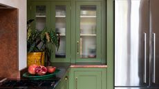 Stainless steel fridge in bank of green cabinets with fluted glass fronts