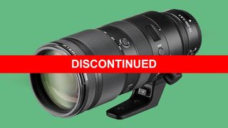 Camera zoom lens &ndash; NIKKOR Z 70-200mm f/2.8 VR S &ndash; with "DISCONTINUED" text in bold white on a red bar over a green background