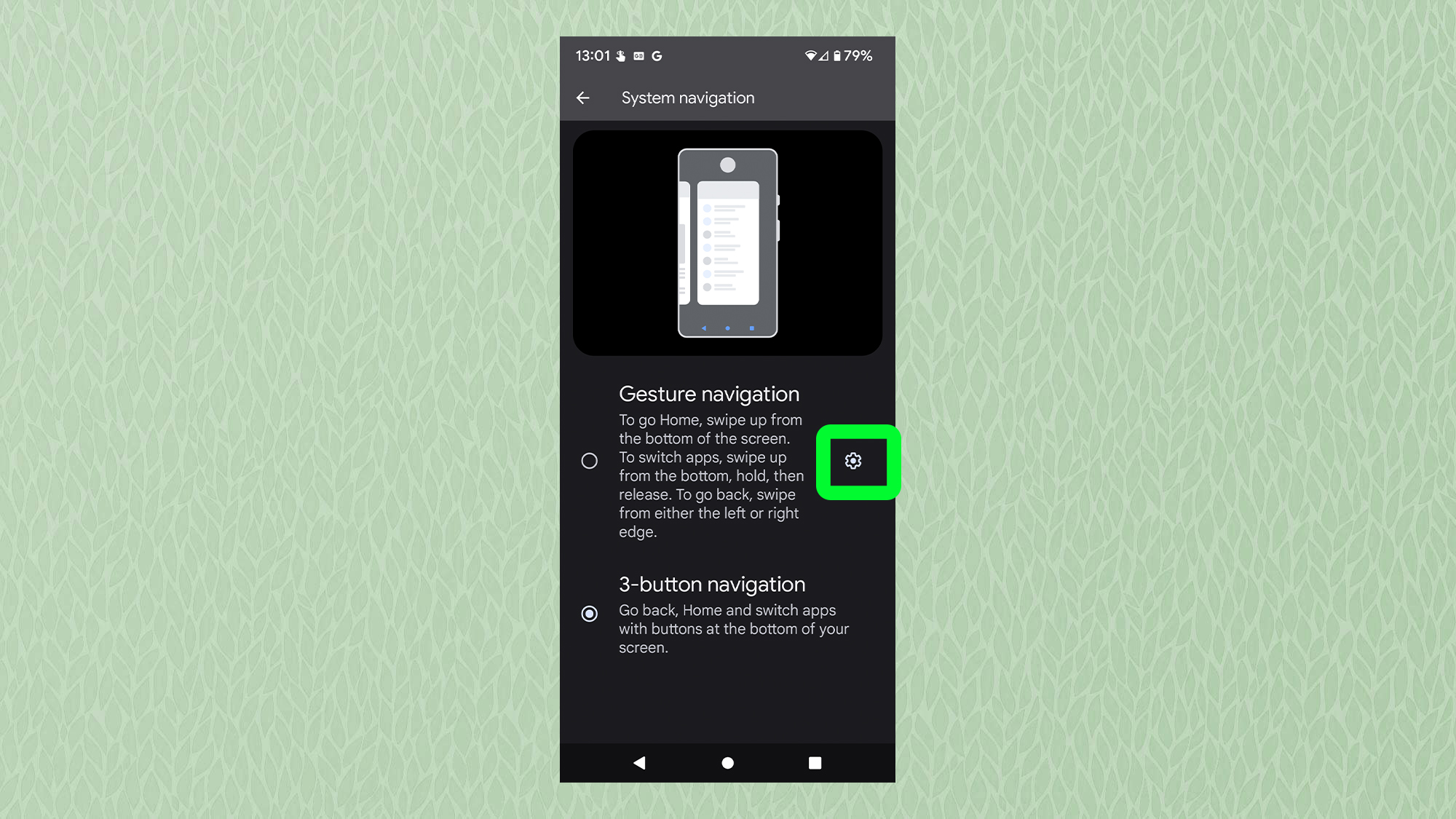 Снимок экрана с Android, показывающий меню системной навигации с выделенным зубчатым колесом