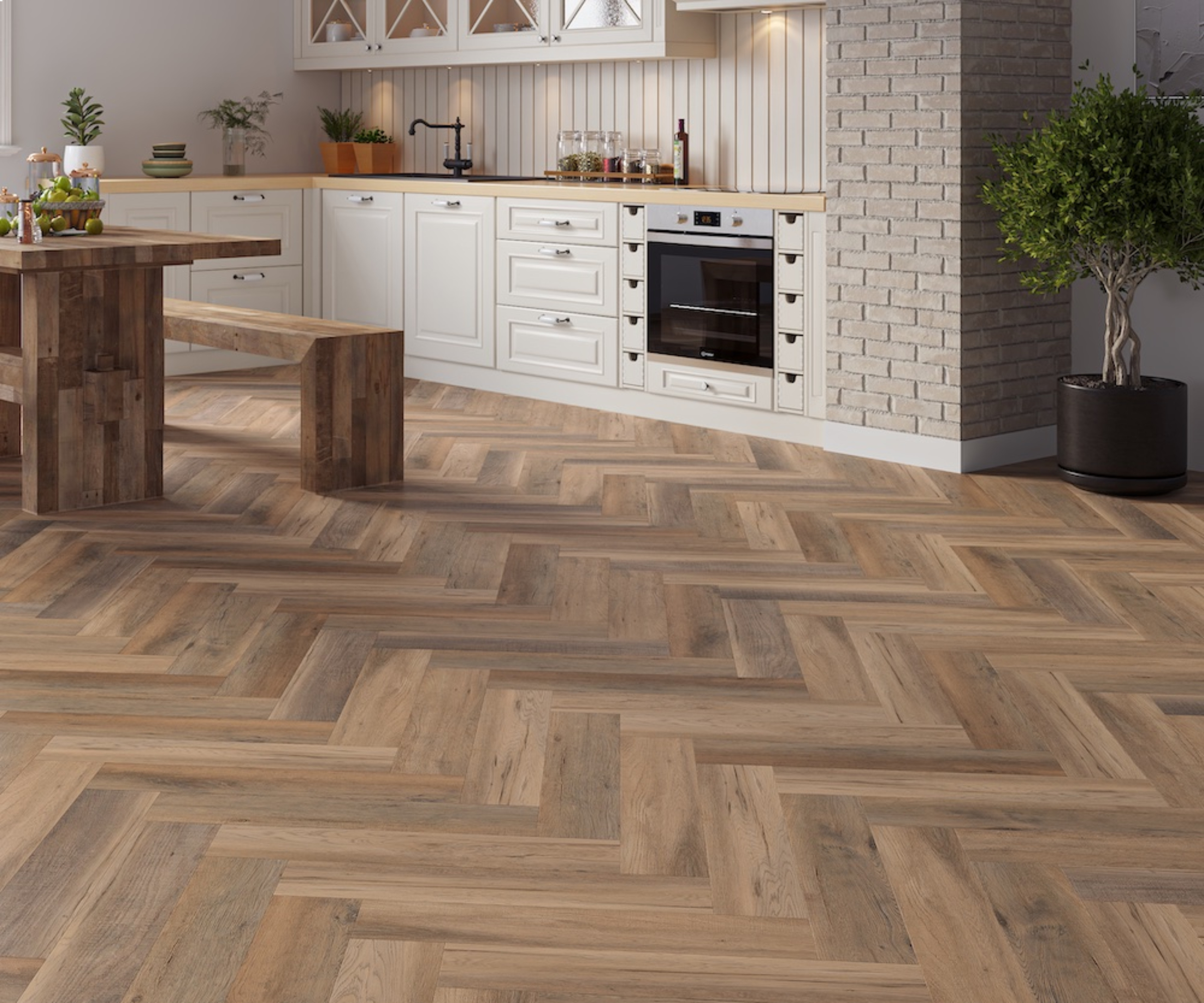 kitchen with wood effect LVT flooring laid in a herringbone pattern