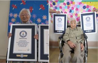 Umeno Sumiyama (left) and Koume Kodama (right) receiving their certificates from Guinness World Records.