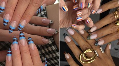 A collage of striped nail art designs.