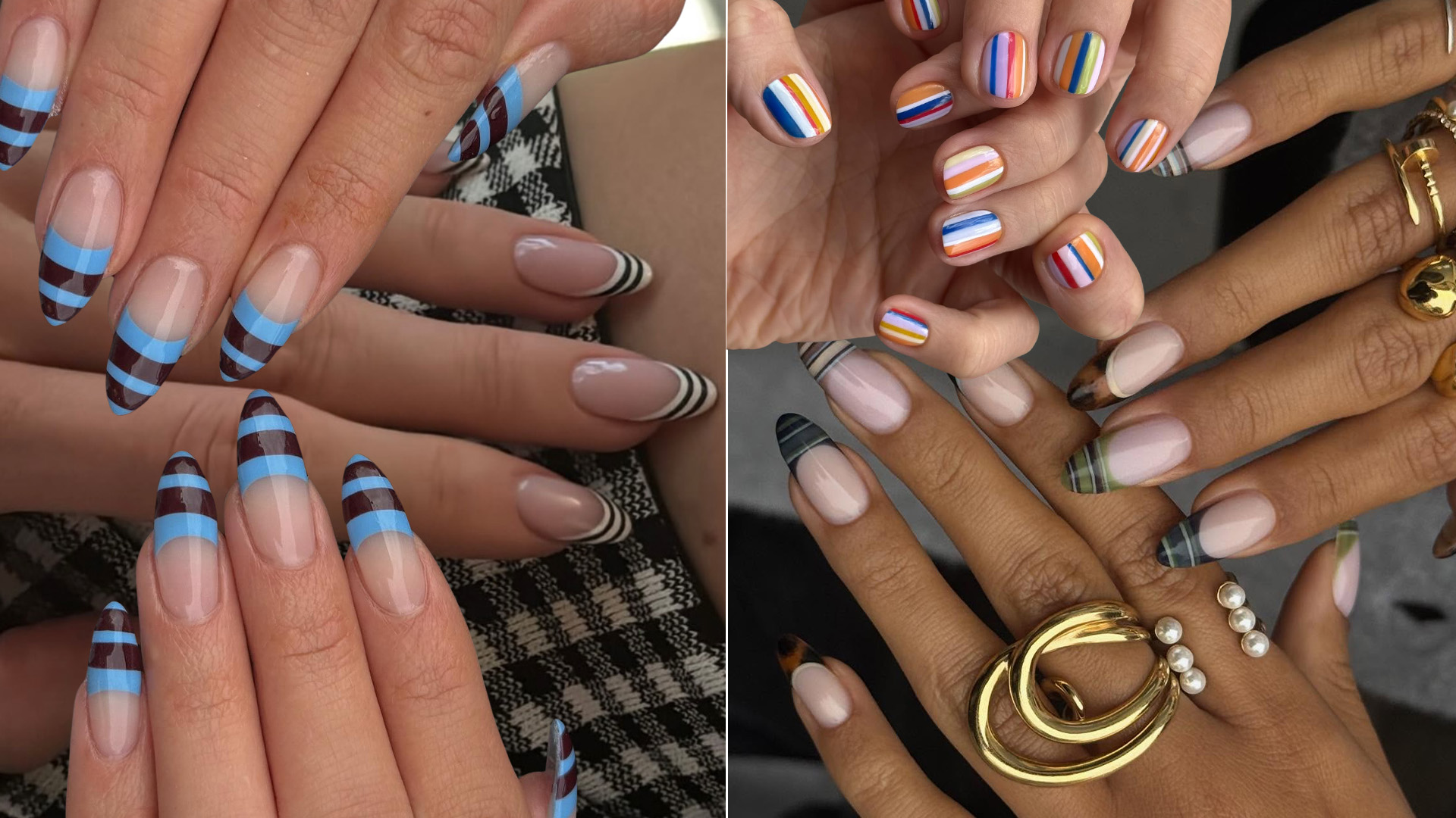 A collage of striped nail art designs.