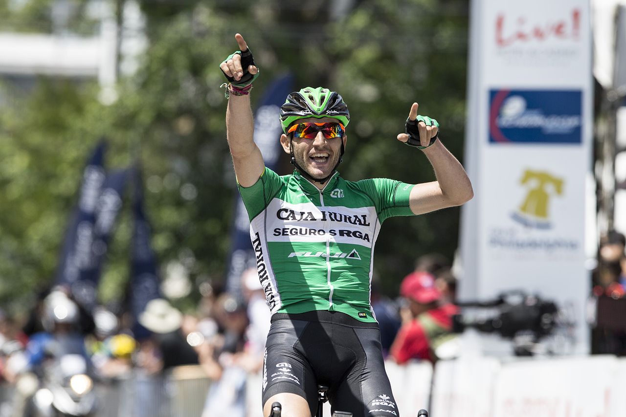 Spain's Carlos Barbero Cuesta celebrates his win at the 2015 Philadelphia International Cycling Classic.