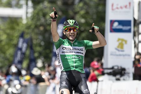 Spain's Carlos Barbero Cuesta celebrates his win at the 2015 Philadelphia International Cycling Classic.