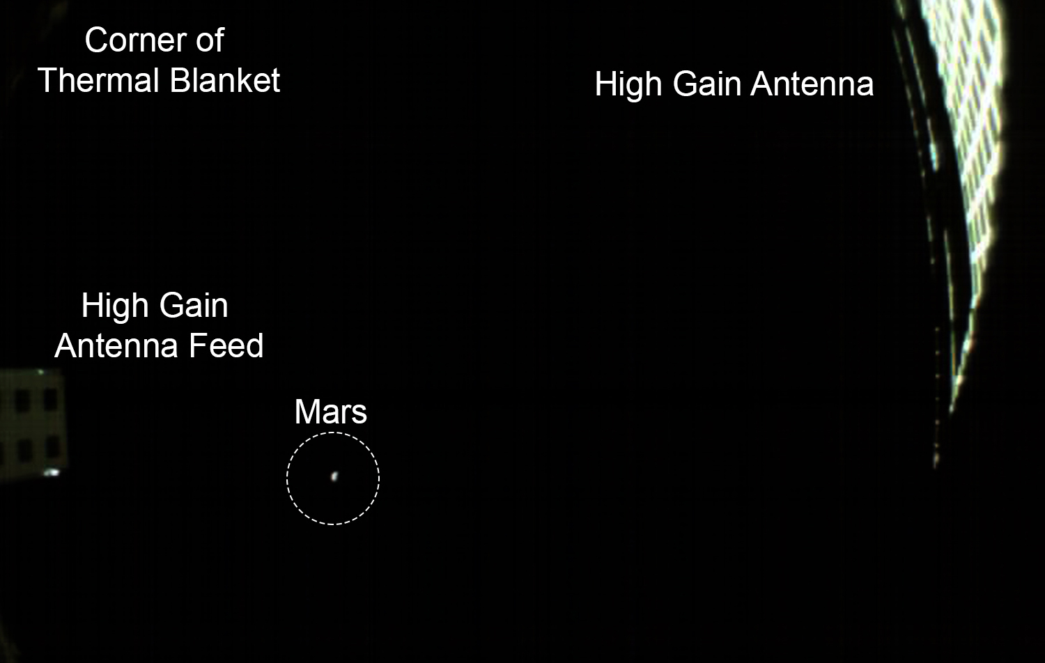 NASA&#039;s small MarCO-B cubesat took this photo of Mars from a distance of 310,000 miles on Nov. 24, 2018 ahead of the Nov. 26 landing of the InSight spacecraft. This annotated view shows the spacecraft parts visible. 