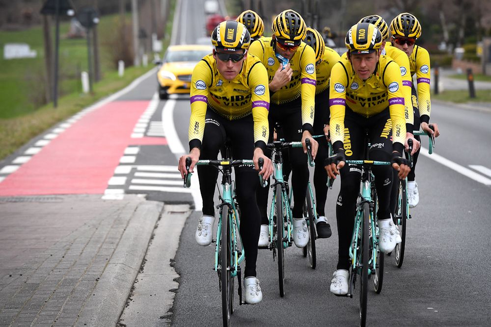 Mike Teunissen, Taco Van der Hoorn and their Jumbo-Visma teammates train for Omloop Het Nieuwsblad near Ghent on Thursday