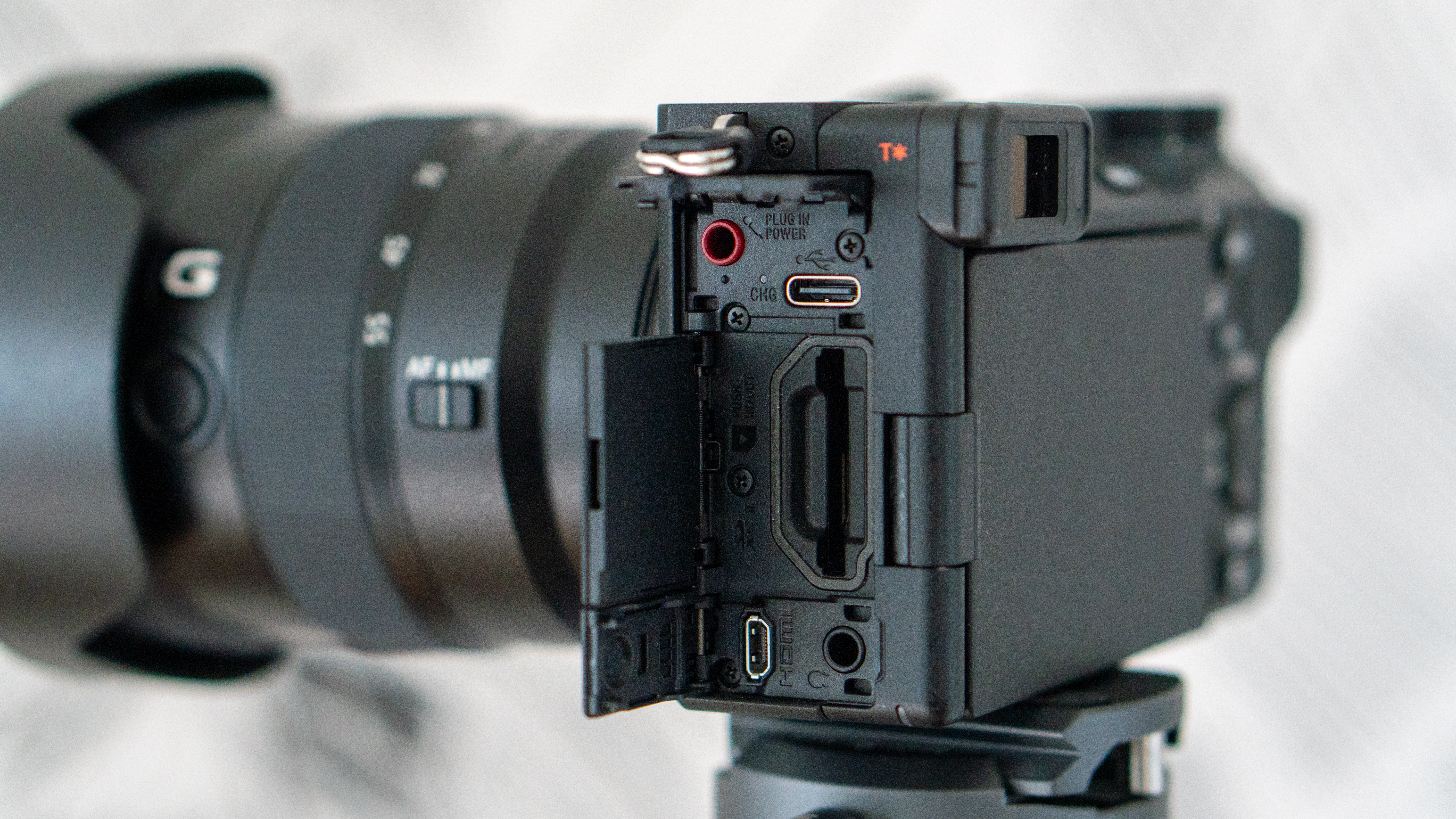 Side of the Sony A6700 showing the ports and SD card slot