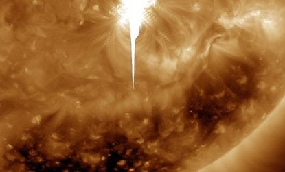 A close-up image of the solar flare storm that began Tuesday -- the biggest such storm in nearly five years.