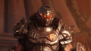 Doom: The Dark Ages Abyssal Forest secrets and collectibles - A close-up shot of the Doom Slayer holding his shield by his side.