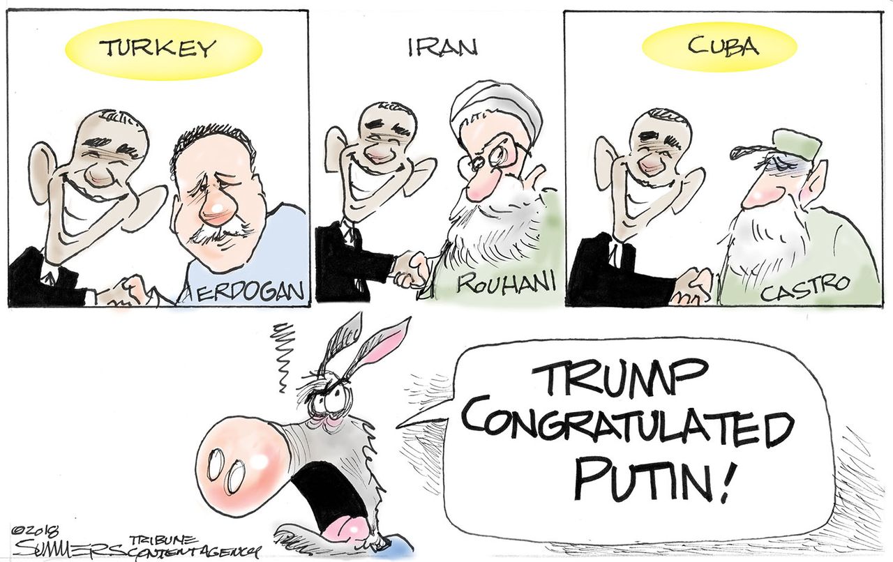 Political cartoon U.S. Trump congratulates Putin Obama congratulates Erdogan Rouhani Castro