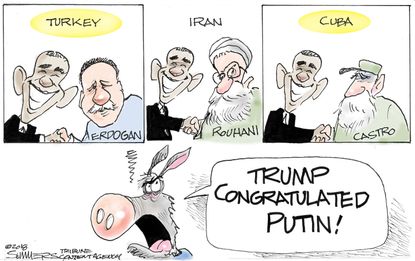 Political cartoon U.S. Trump congratulates Putin Obama congratulates Erdogan Rouhani Castro