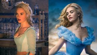 two stills of lily james in cinderella before and after the ball