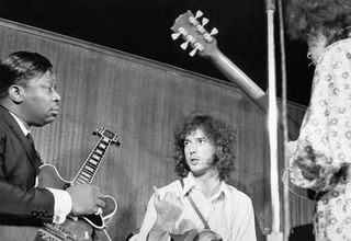 NEW YORK - 1967: Blues guitarist B.B. King (on the left), Eric Clapton and Elvin Bishop (right) perform together onstage in 1967 in New York City, New York. )